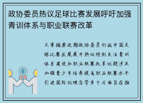 政协委员热议足球比赛发展呼吁加强青训体系与职业联赛改革